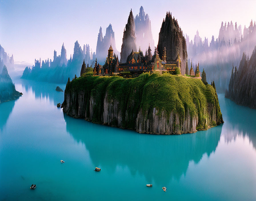 Misty island castle in serene landscape at twilight