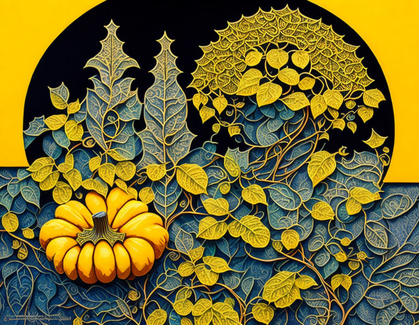 Golden-yellow pumpkin in blue and green foliage on yellow-black background