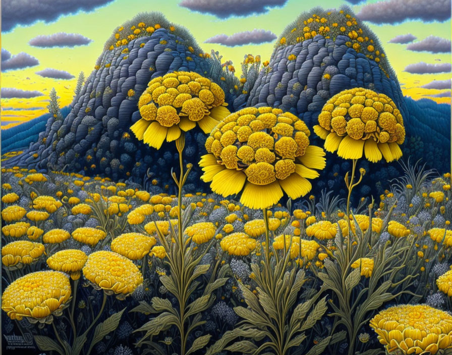 Fantastical landscape with large yellow flowers and rounded hills under cloudy sky