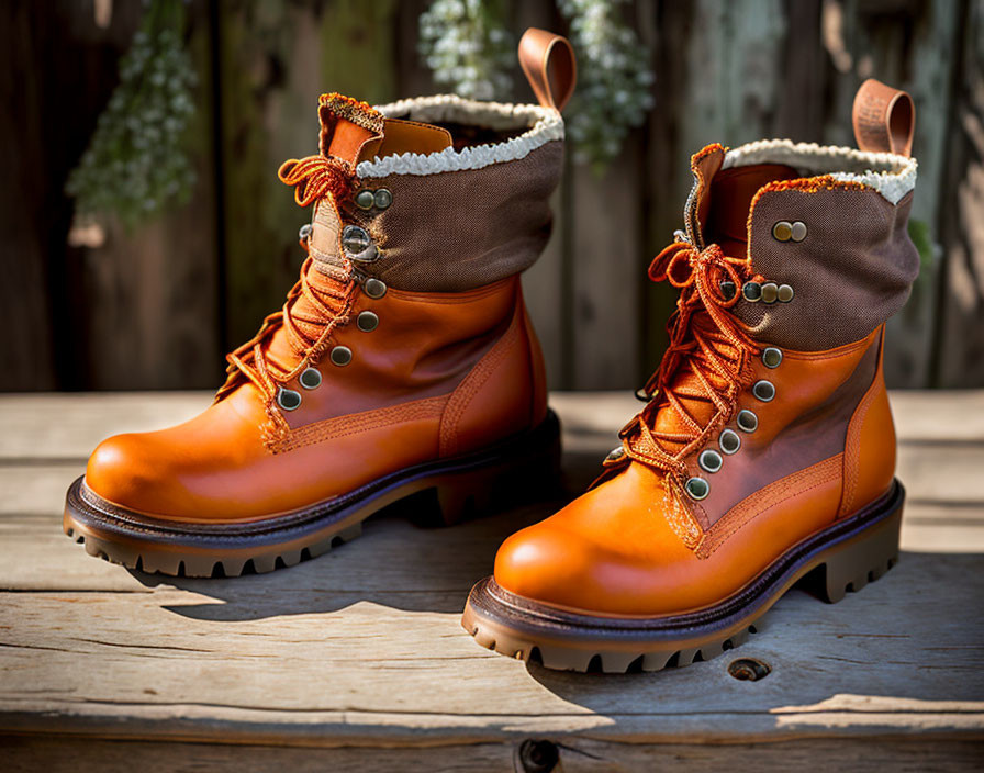 Orange Lace-Up Boots with Brown Trim on Wooden Surface