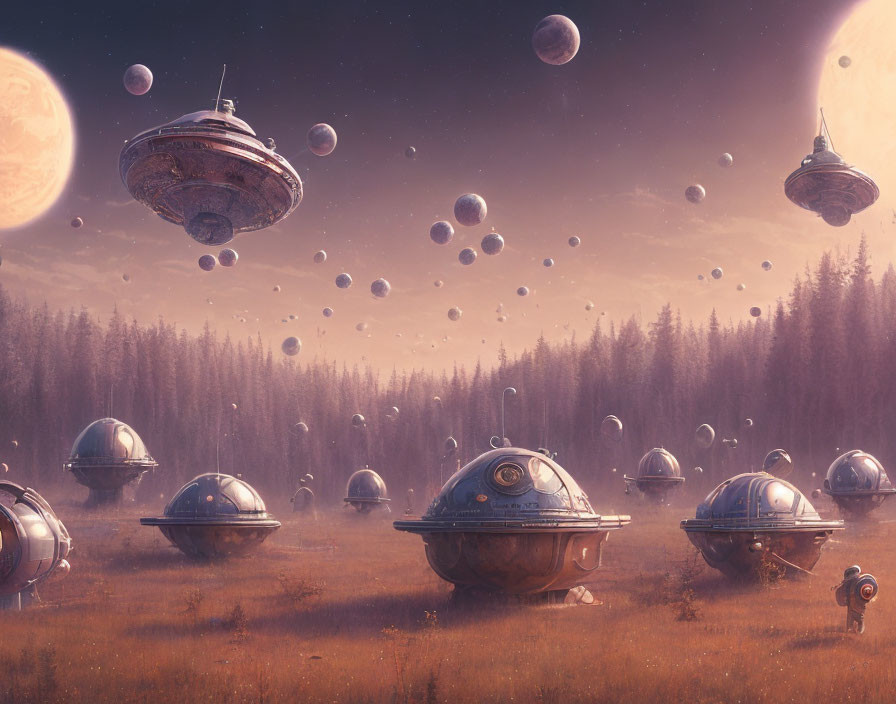 Surreal landscape with floating alien spacecrafts above misty forest