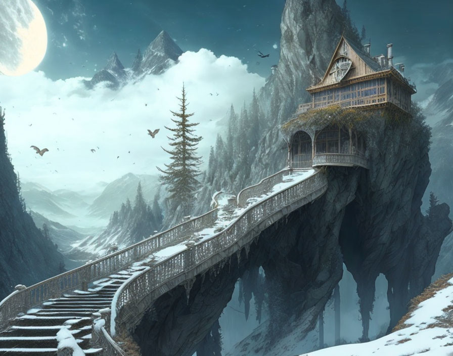 Moonlit mountain landscape with wooden house on cliff and staircase under flying birds