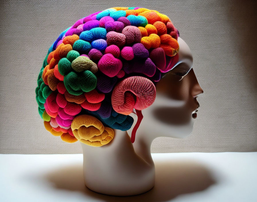 Colorful Brain Sculpture in Violet, Blue, Pink, Orange, and Green Plush Spheres