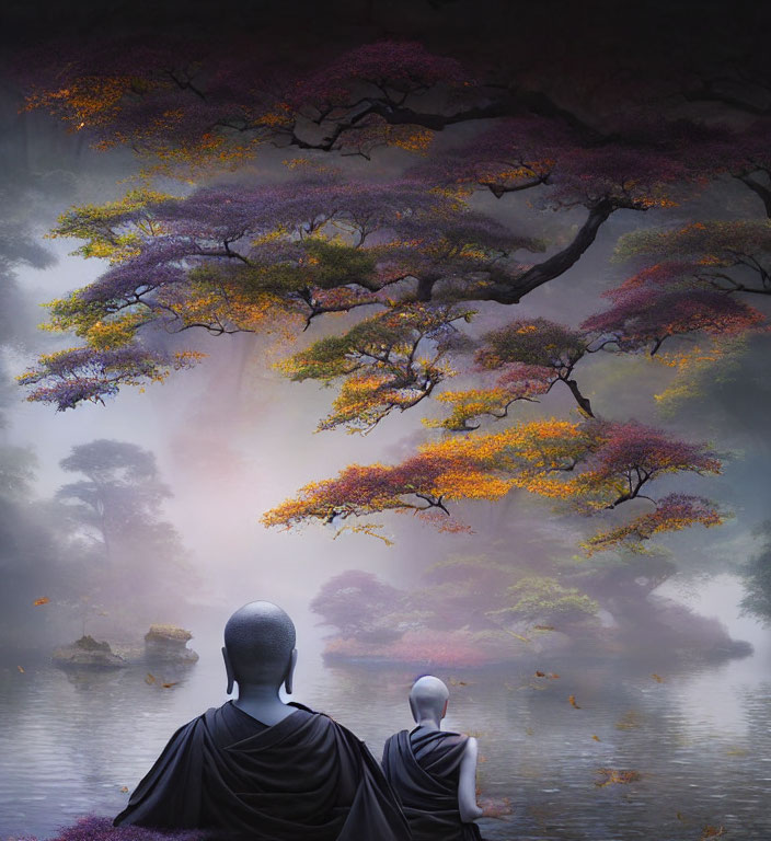 Mystical landscape: Two monks meditate by serene lake