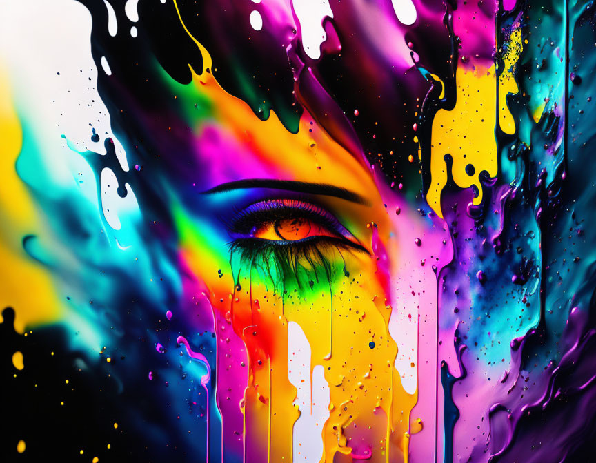 Multicolored paint drips over vibrant eye in artistic image