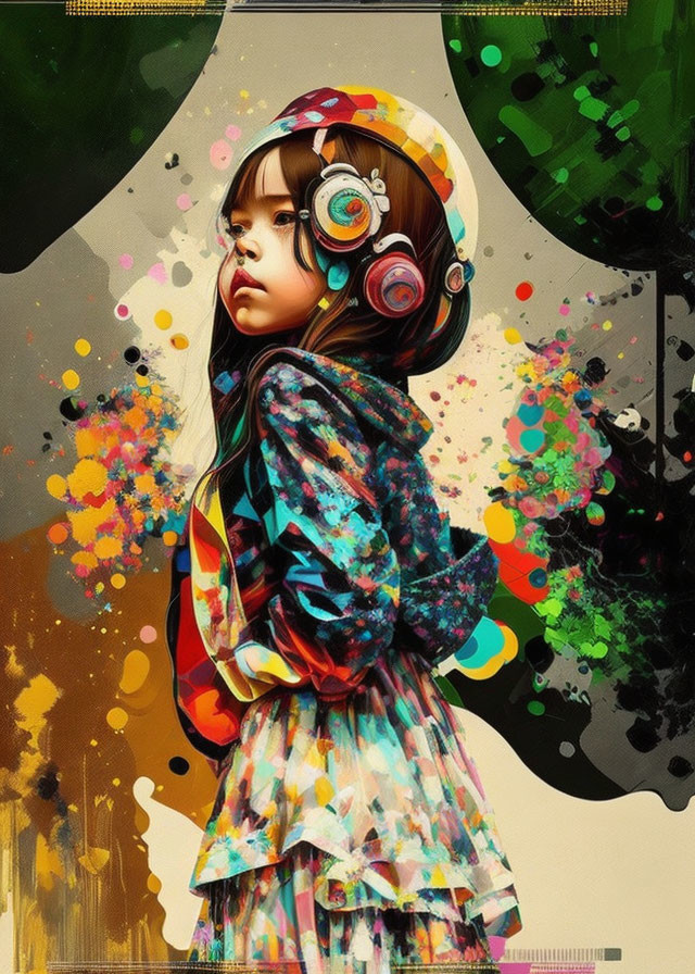 Vibrant digital artwork of young girl with headphones