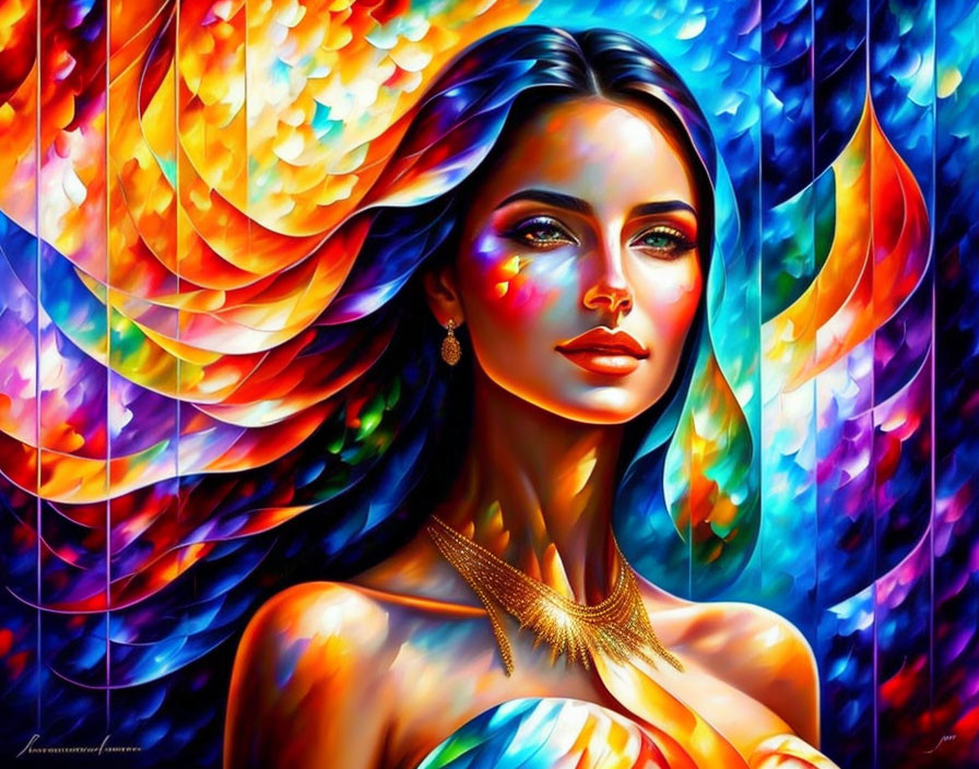 Colorful portrait of a woman with flowing hair against a vibrant, reflective background