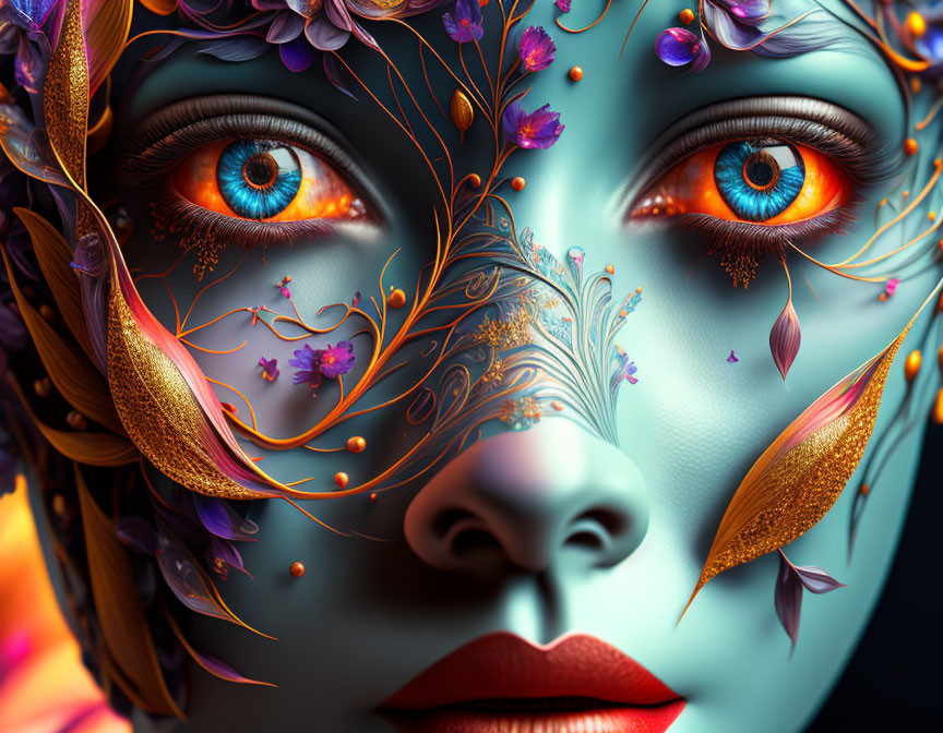 Detailed artwork of a woman's face with embellished eyes and floral mask.