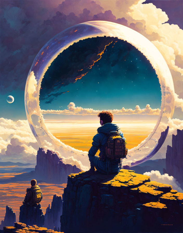 Person on rocky ledge gazes at surreal landscape with giant bubble-like spheres under dramatic sky.