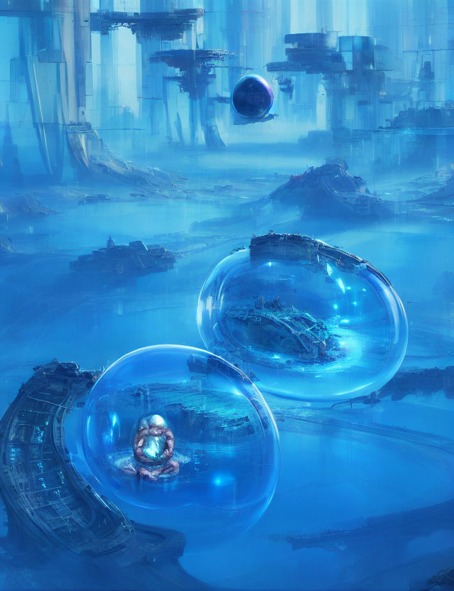 Futuristic landscape with floating orbs and towering pillars in misty, alien setting