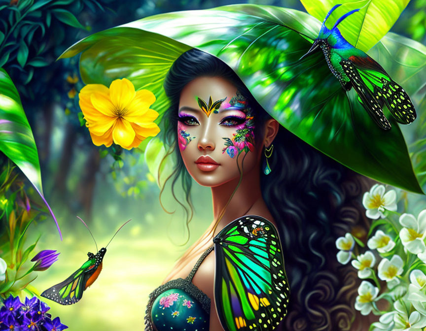 Digital Artwork: Woman with Butterfly Makeup in Lush Greenery