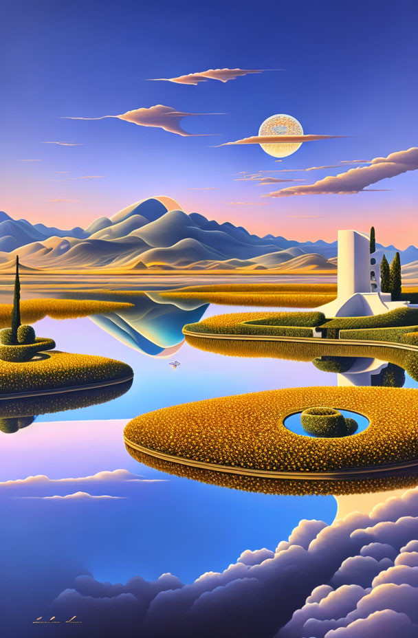 Surreal landscape: floating islands, house, reflective water, purple sky, clouds, full moon