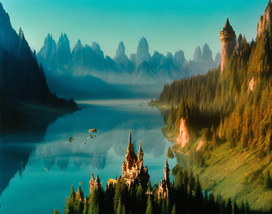 Alpine landscape at sunrise with fairytale castle on lakeside cliff