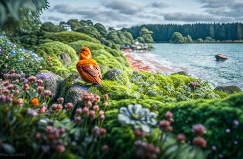 Orange bird on moss overlooking serene lake with boats and vibrant flora