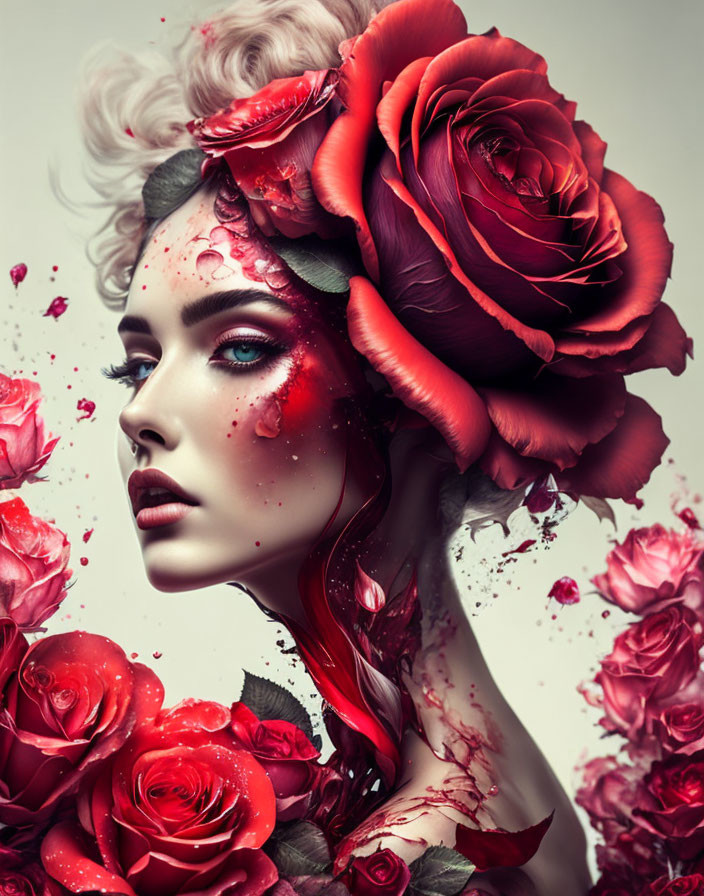 Stylized portrait of woman with red roses in hair and dramatic makeup