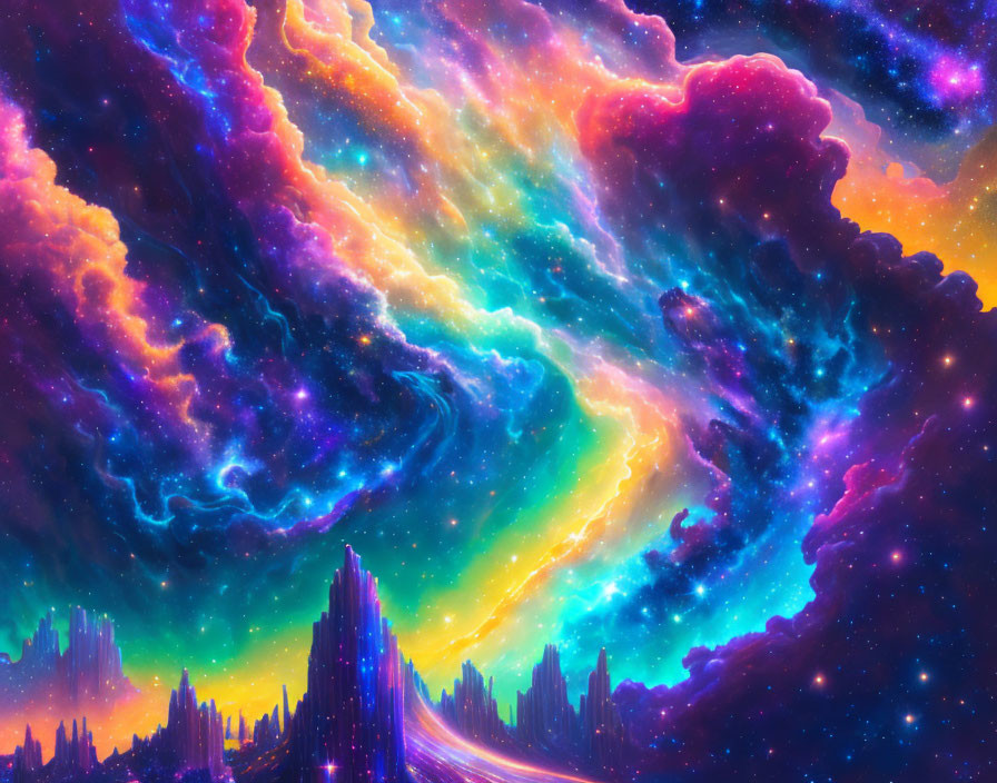 Neon cosmic scene with swirling clouds and crystal structures