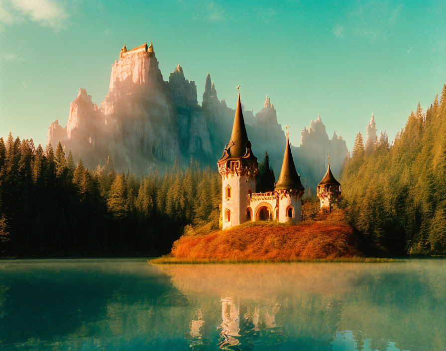 Castle with spires on forested island reflected in tranquil lake