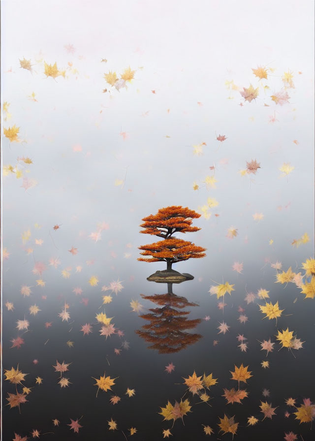 Solitary tree with reddish leaves reflected in calm water