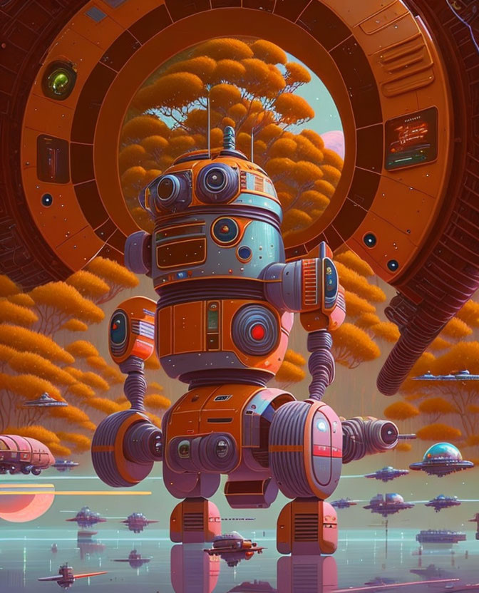 Colorful Robot in Futuristic Landscape with Flying Saucers and Spaceship Structure