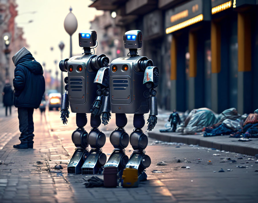 City sidewalk scene: Two human-like robots, one with newspapers, the other following.