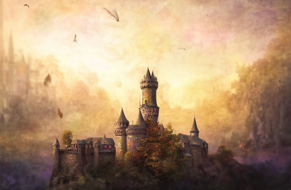 Enchanted castle surrounded by autumn trees and birds in pastel sky