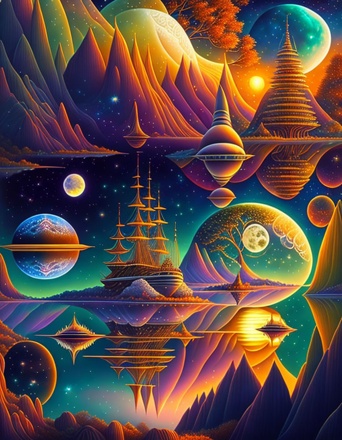 Fantasy cosmic landscape with mountains, ships, planets, moons