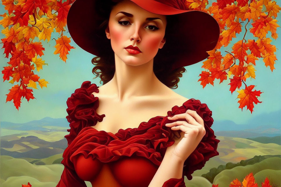 Portrait of Woman in Wide-Brimmed Hat Surrounded by Autumn Leaves