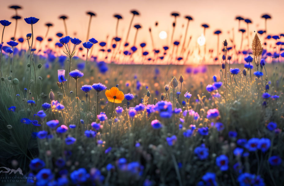 Purple Field with Orange Flower at Sunset and Blurred Floral Background