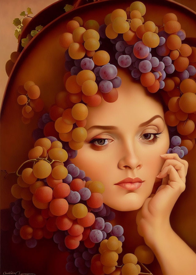 Colorful grape cluster headdress on woman in stylized portrait