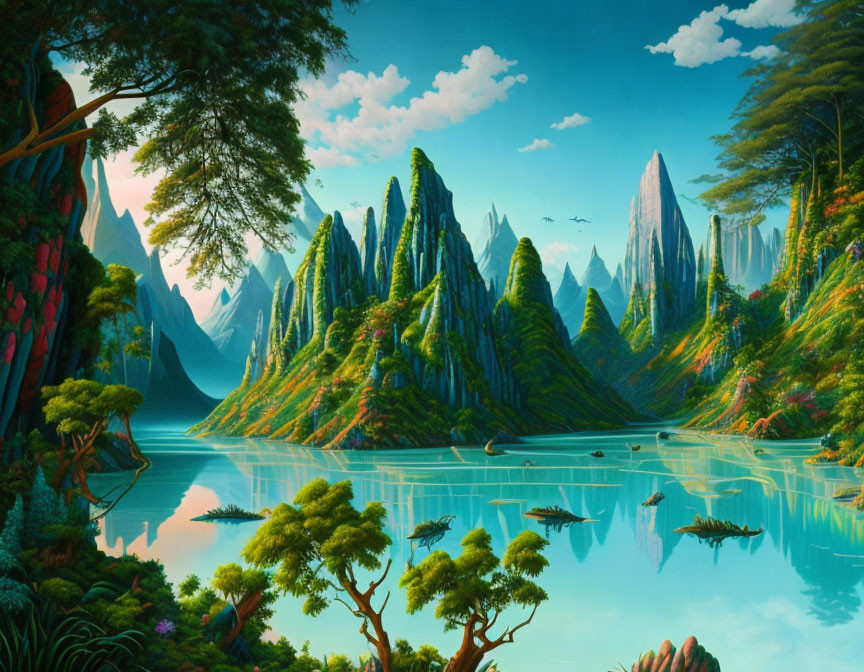 Vibrant landscape with green peaks, waterfalls, lake, and diverse flora