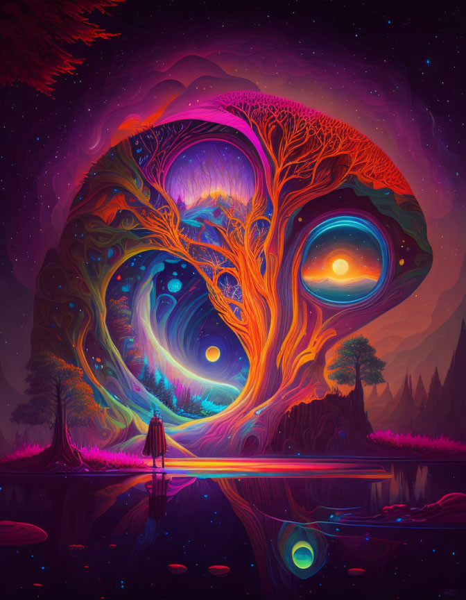 Vibrant cosmic portal in surreal landscape with figure by serene lake