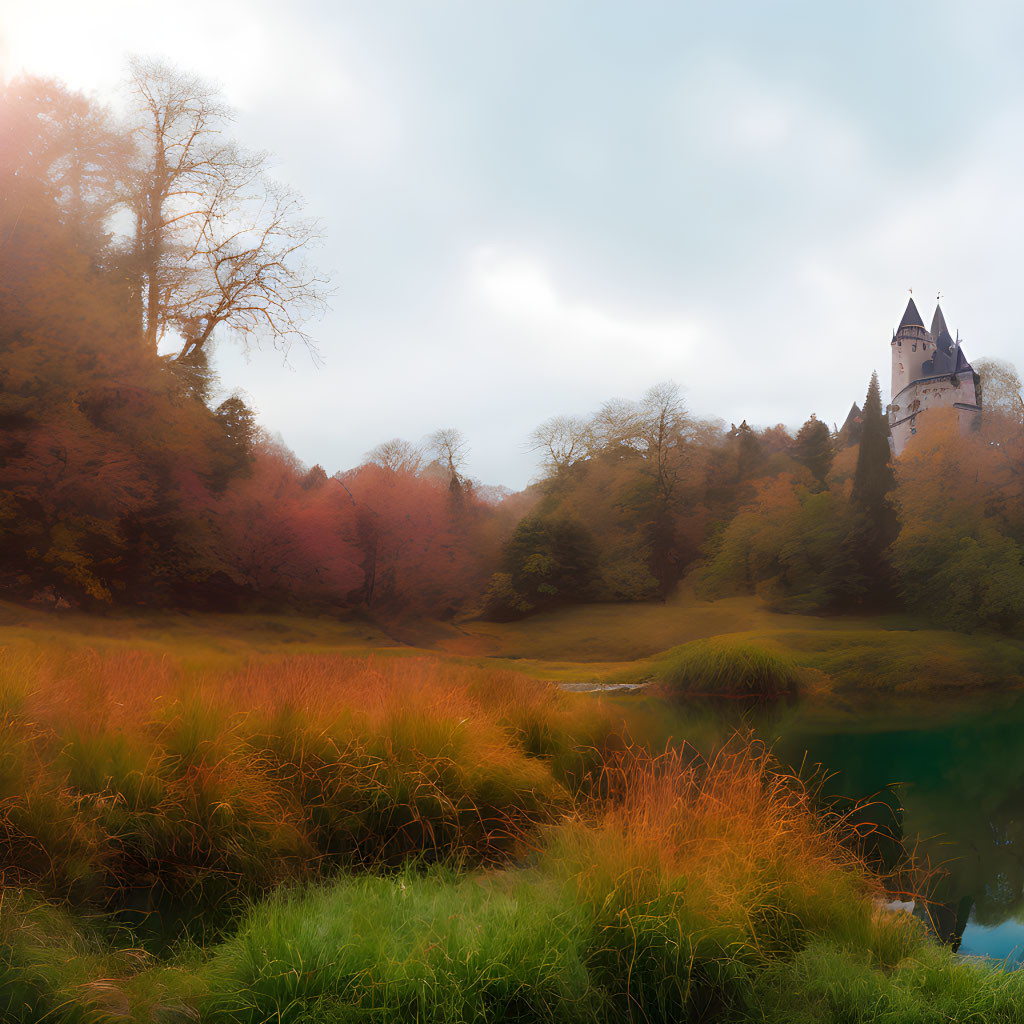 Castle on hill surrounded by autumn trees and river.