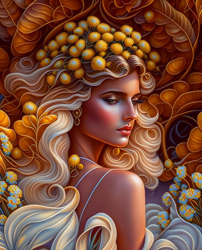 Blonde Woman with Golden Flower Adornments in Digital Art