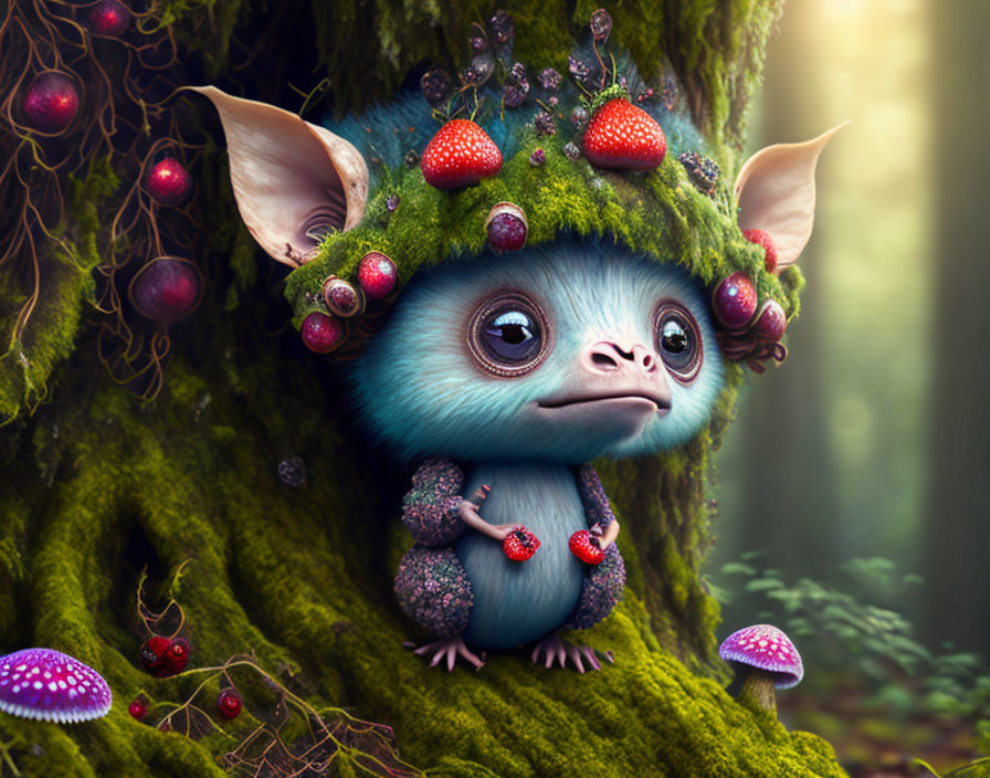 Whimsical creature with large blue eyes and green hair in forest setting