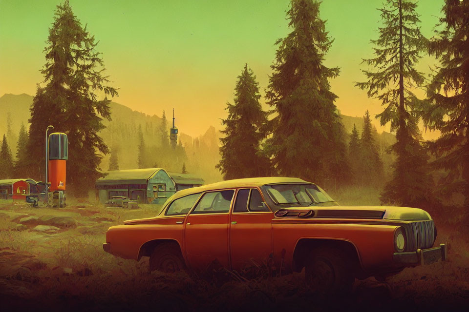 Vintage orange car in forest clearing at sunset with houses and water tower