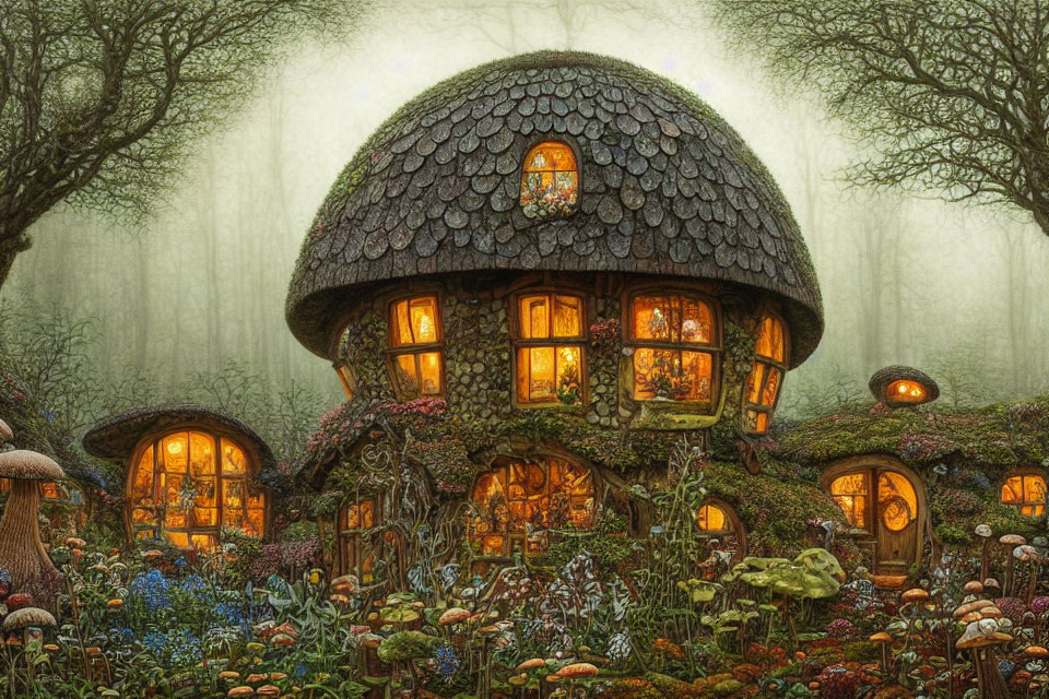 Whimsical mushroom-shaped cottage in mystical forest