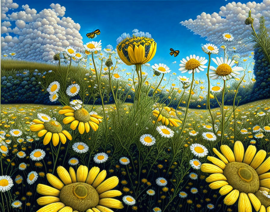 Sunny Field of Yellow and White Daisies with Bees and Blue Sky