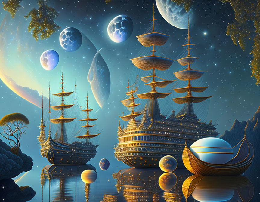 Majestic ships in surreal seascape with celestial bodies and unique structures