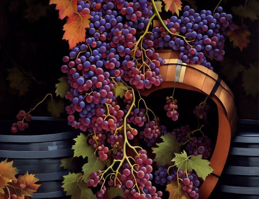 Colorful painting of purple grapes on wooden barrel against dark backdrop