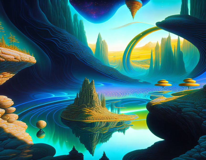 Surreal landscape with rivers, rock formations, islands, moons, and planets