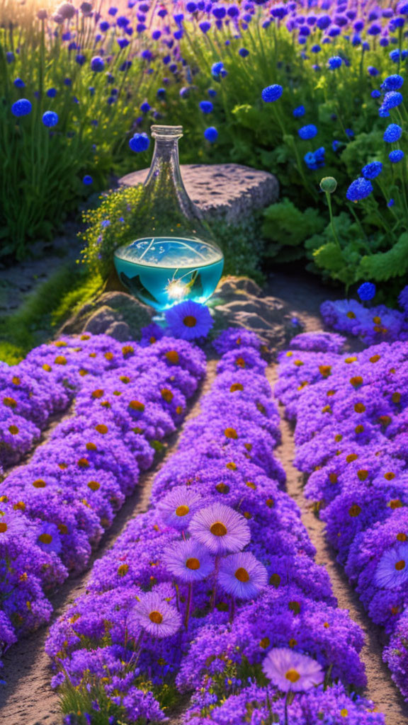 Glass Flask Among Purple Flowers in Sunlit Garden