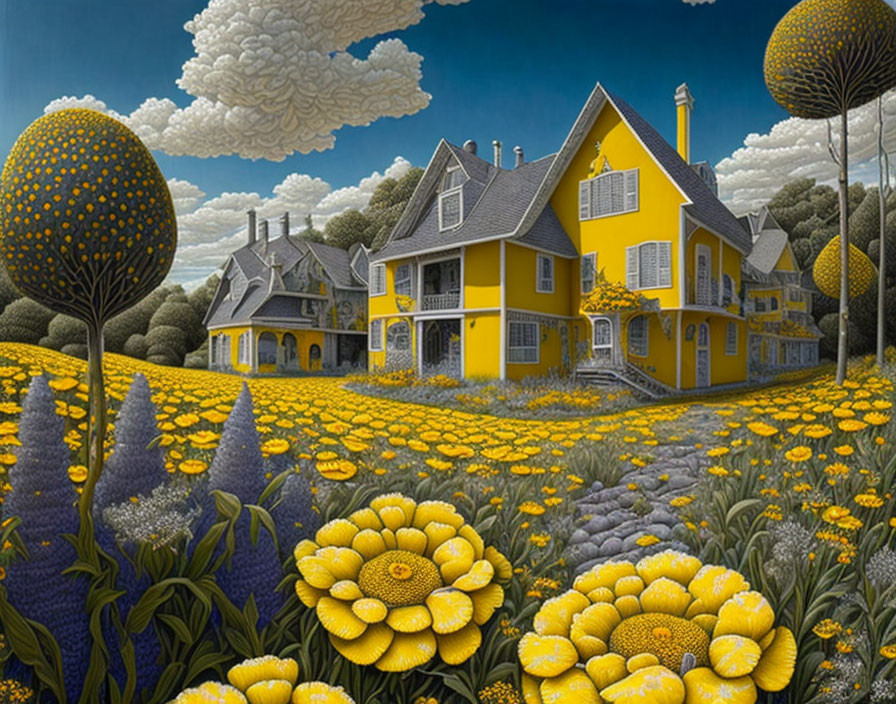 Vibrant yellow Victorian house in fantastical garden with oversized flowers