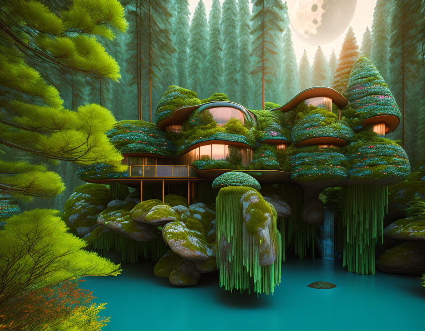 Organic-shaped house on mossy boulders in pine forest by teal lake