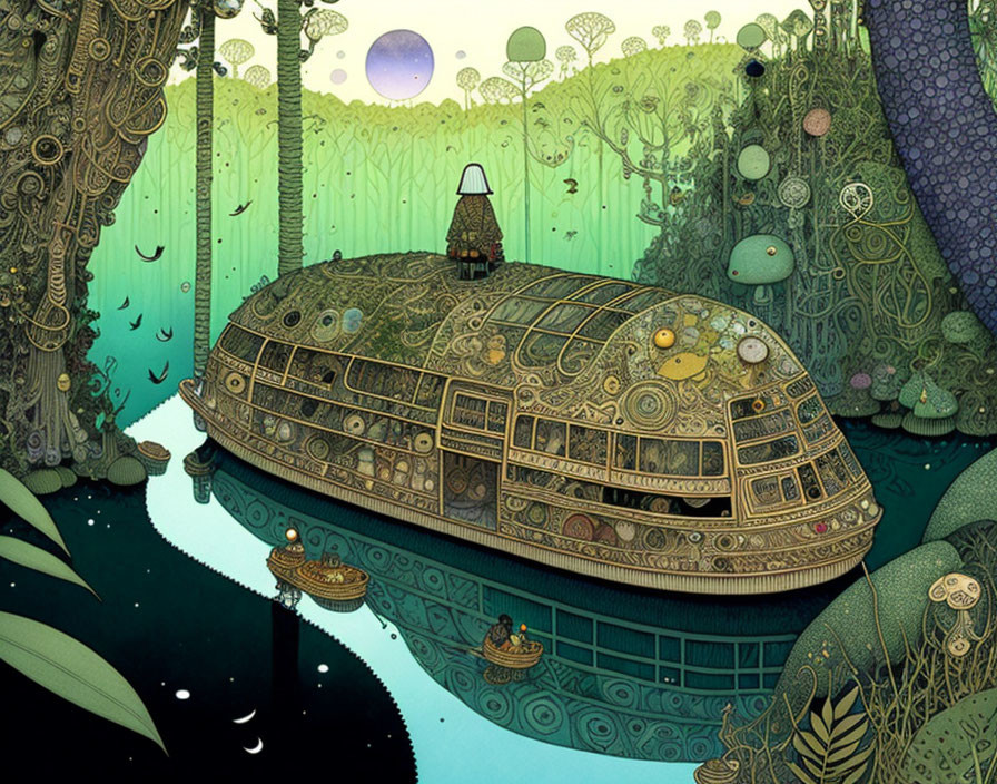 Intricately Designed Steampunk Submarine in Imaginative Underwater Forest