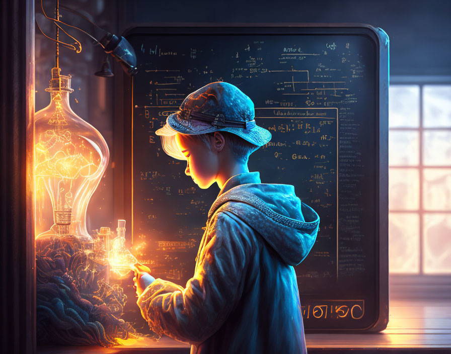 Boy in cap examines glowing light bulb with mathematical equations on blackboard