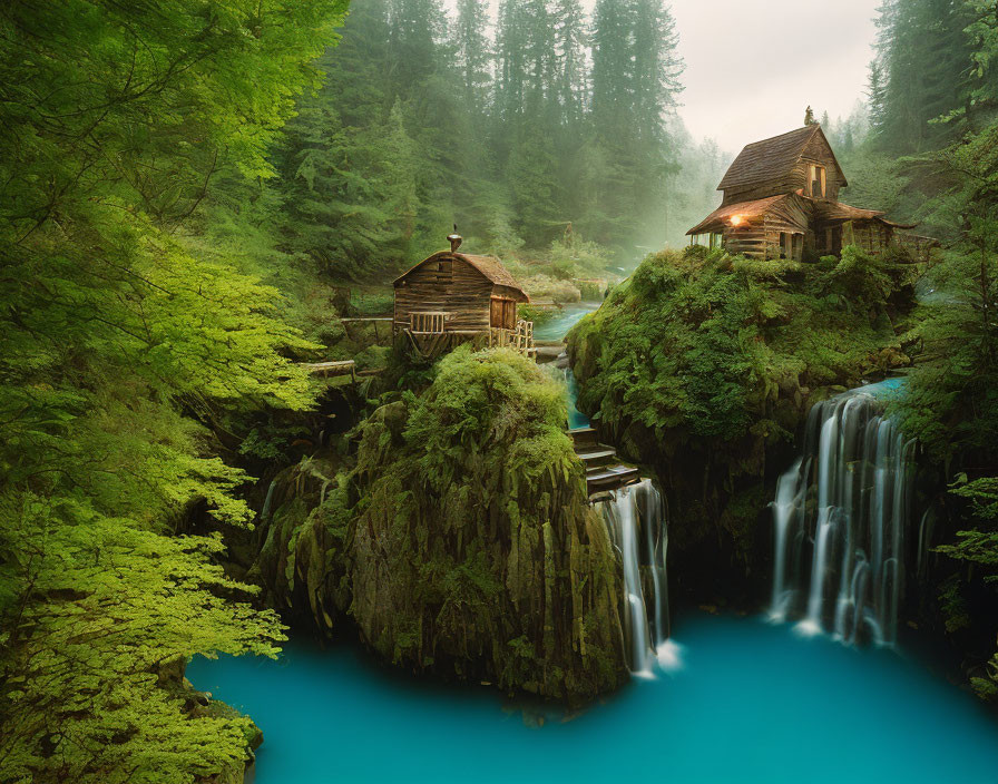 Wooden Houses on Waterfalls in Lush Forest Setting