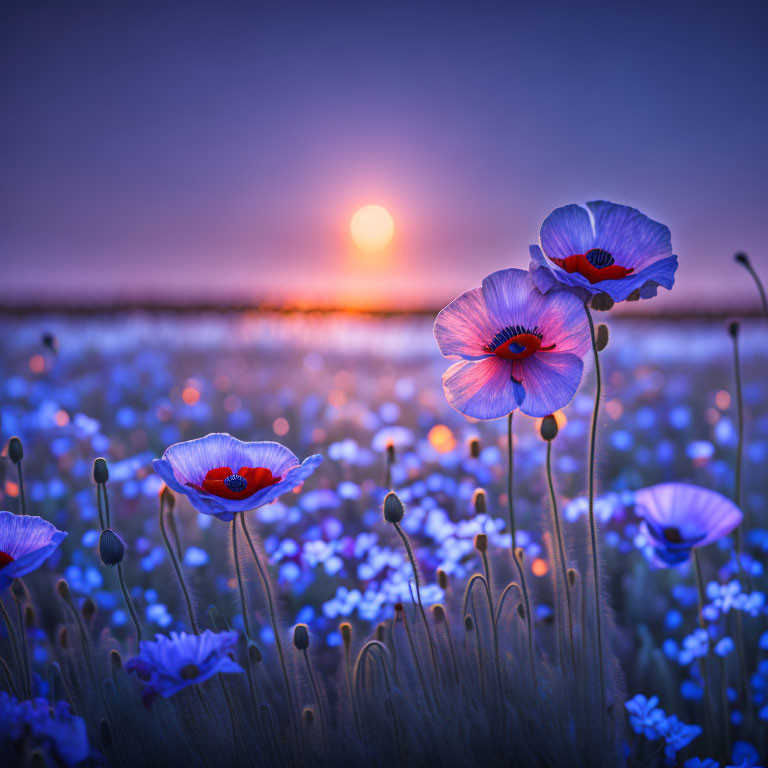 Colorful Sunset Field with Vibrant Poppies