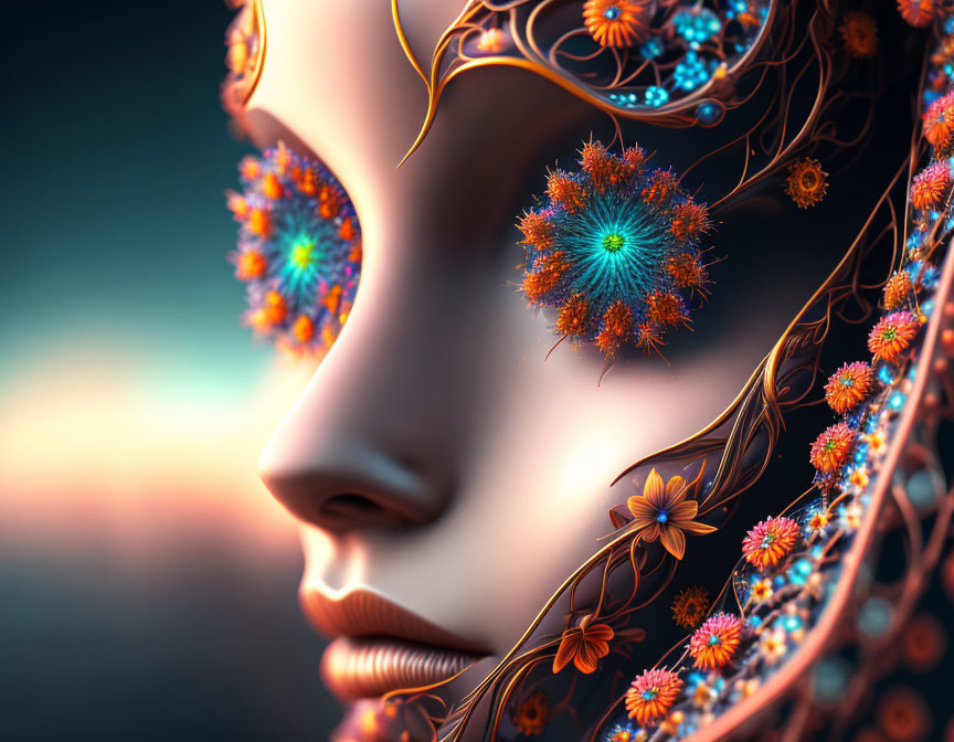 Detailed digital art: Woman's face with floral patterns & vibrant colors.