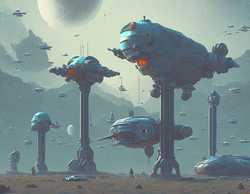 Sci-fi illustration of robotic structures in alien landscape