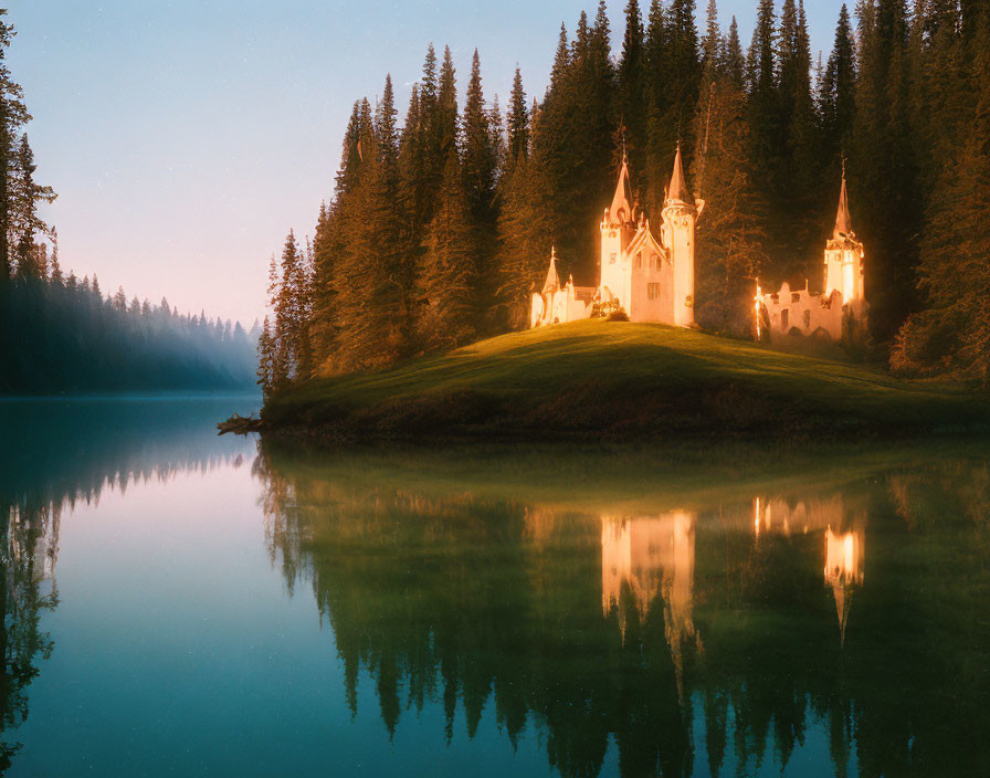 Twilight castle reflecting in serene lake amid coniferous trees